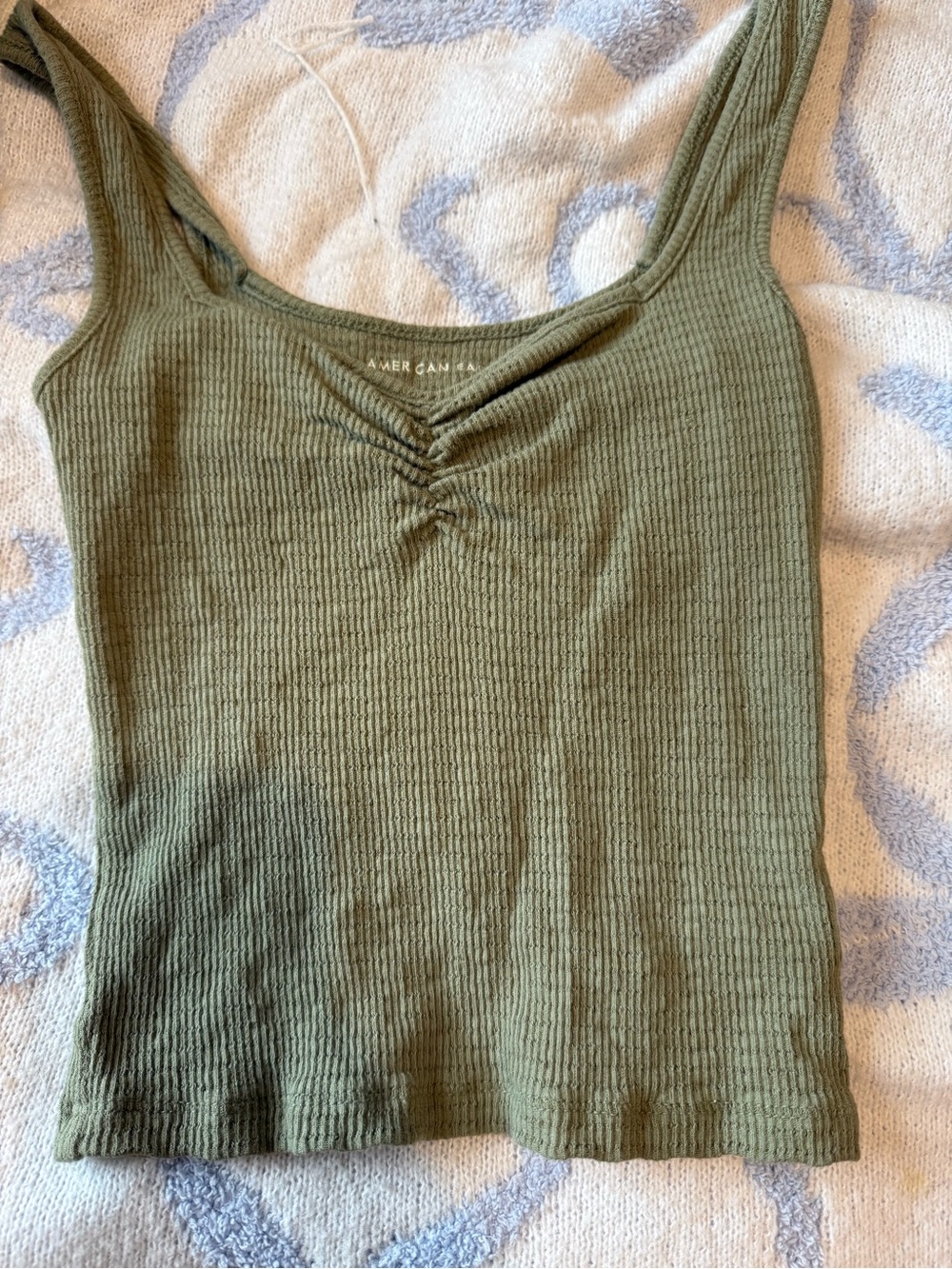 American Eagle Olive Ribbed Ruched Scoop Tank Top
